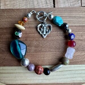 VTG Sunwest Silver Bead Bracelet 7 Inch Cloisonne Cross Heart 925 Sterling 19.7g